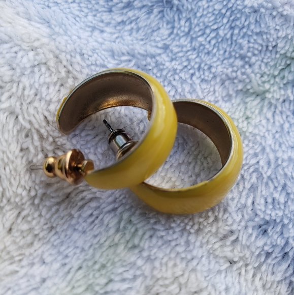 Vintage 60's Canary Yellow Enamel Hoop Earrings